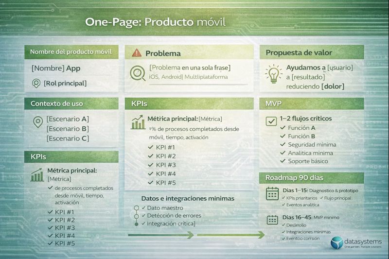 Datasystems - One-page de producto móvil con problema, usuario, propuesta de valor, KPIs, MVP y roadmap 90 días
