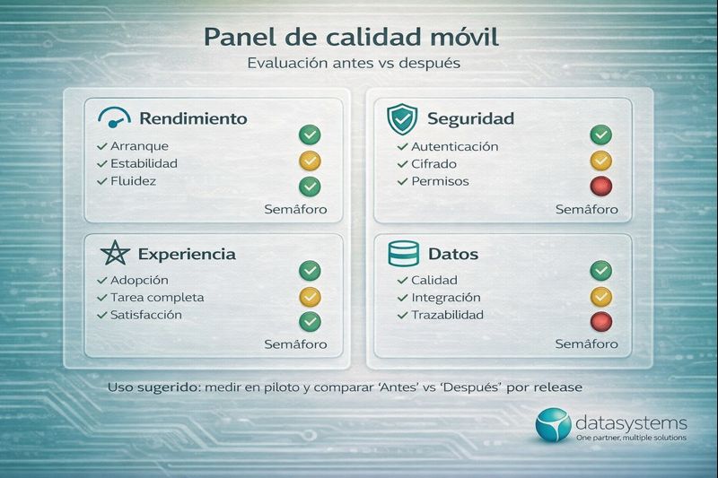 Datasystems - Panel de calidad para producto móvil rendimiento, seguridad, experiencia de usuario y calidad de datos