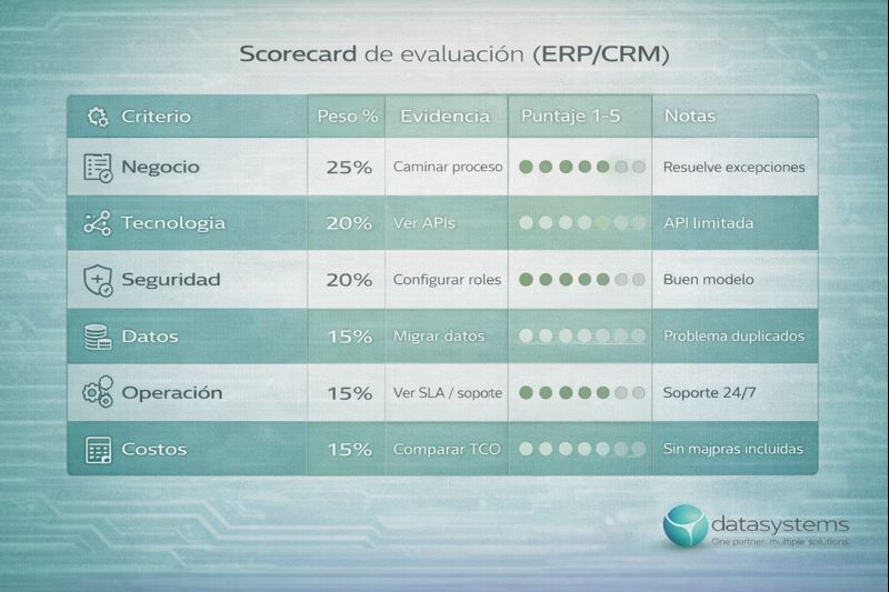 datasystems - Scorecard ponderado para comparar ERP:CRM con criterios, pesos y evidencia.